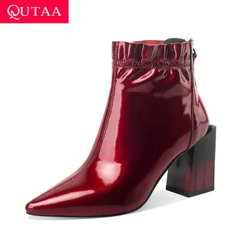 

QUTAA 2021 Cow Patent Leather Ankle Boots Pointed Toe Zipper Women Shoes Square High Heel Autumn Winter Short Boots Size 34-39
