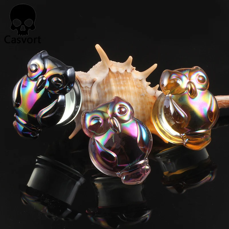 

Casvort 2PCS Colorful Owl Glass Ear Body Jewelry Earrings Expanders Piercing Plugs Strechers Ear Gauges Gift For Women Men
