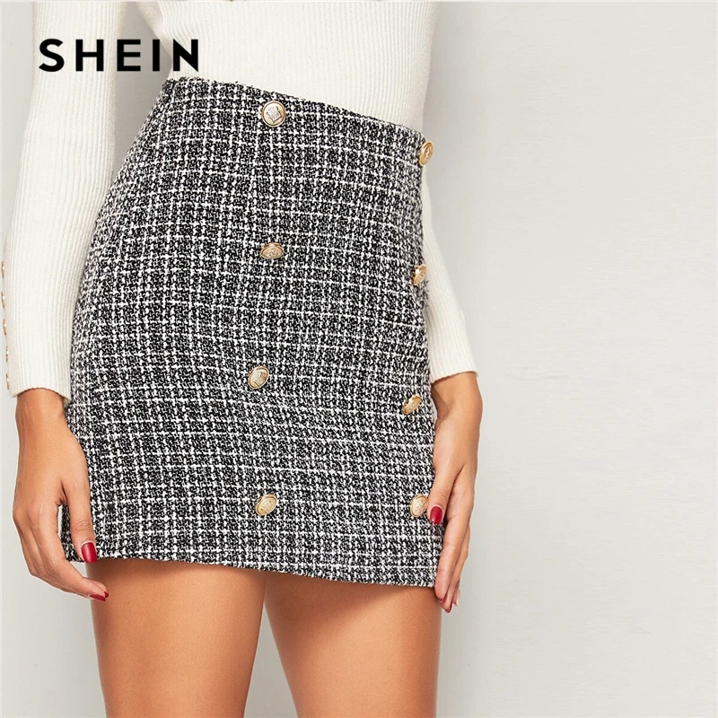 Comprar SHEIN negro y blanco doble Breasted Tweed Faldas Mujer Otoño Invierno media cintura elegante una línea señoras vaina Mini Plaid falda