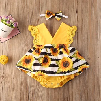 

0-24M Newborn Baby Girls Romper Dress Sunflowers Print Lace Sleeve V Neck Jumpsuits Headband 2pcs