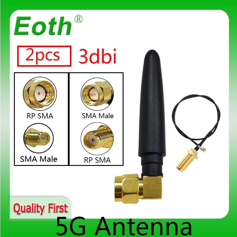 EOTH 2pcs 5ghz sma male 3dbi 5cm WIFI antena IPX ipex 1 SMA female pigtail Extension Cable pbx iot module antena