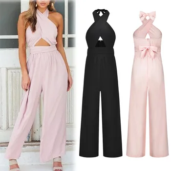 

Fashion Sexy Bow Cross Bandage Jumpsuit Halter High Waist Playsuit Ladies Romper Bodycon Wide Leg Trousers Black Party Jumpsuits