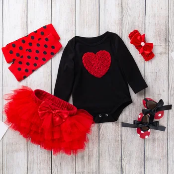 

5Pcs Newborn Kids Baby Girls Clothes Sets Valentine Love Romper Party Lace Tutu Skirt +Shoes+Leg Warms+Headband Outfit