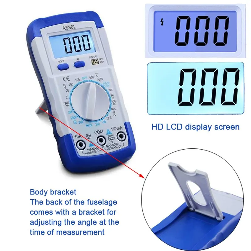 A830L Mini Multimeter LCD Digital Multimetro Volt Amp Ohm Tester Meter Voltmeter Ammeter Backlight Protect With Probe