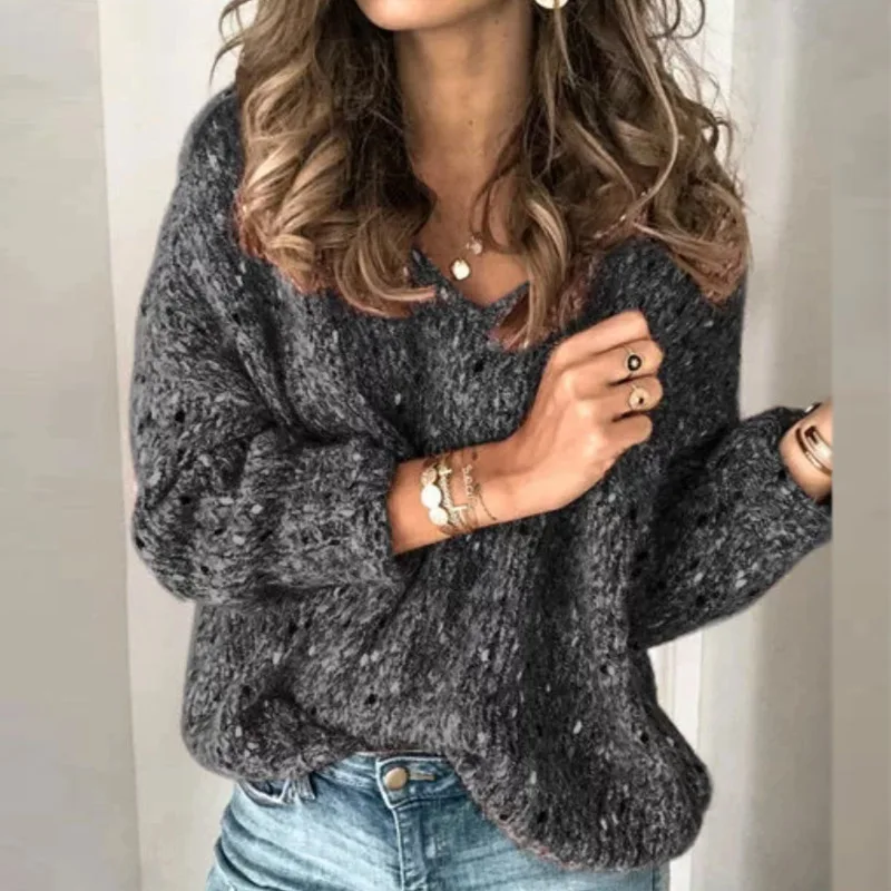 Повседневное v-образным вырезом вязаные свитера Для женщин осень-зима с длинным рукавом Пуловеры 2XL Модные свободные топы джемпер женский дропшиппинг - Цвет: Gray