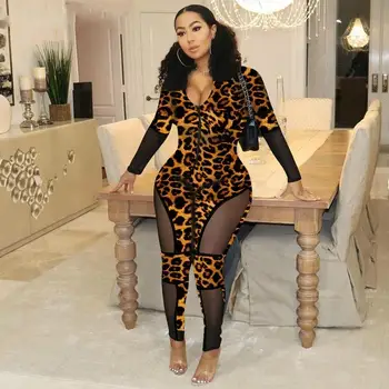 

Bodycon Leopard Jumpsuit Women Fall Body Overalls One Piece Outfits Long Sleeve Sexy Mesh Rompers
