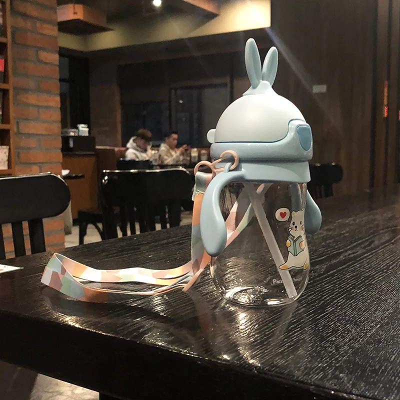 280ml Cute Rabbite Baby Feeding Bottle BPA Free Children Learn Drinking Straw Water Bottles Kids Training Cup w Handle&Sling