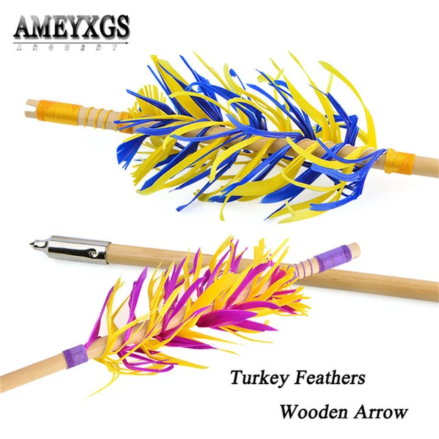 AMEYXGS 6 pcs 31Inch Traditional Archery Wooden Arrows Handmade Wood Shaft  with 5 inch Turkey Feather and Broadheads for Recurve Bow or Longbow