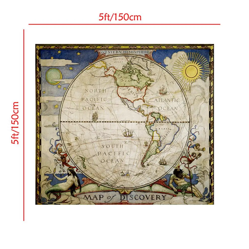 

150x150cm Western Hemisphere Vintage Map Of Discovery No-fading Foldable Medieval Style Map