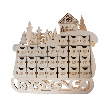 

Sleigh Wooden Advent Calendar Countdown Christmas Party Decor 24 Drawers with LED Light