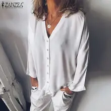 Женская блузка ZANZEA, элегантные рубашки с длинным рукавом и v-образным вырезом, большие размеры, однотонные Блузы на пуговицах, женские офисные Топы повседневные блузки, туника