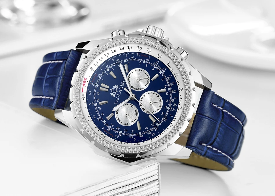 Automatique auto-vent mécanique noir marron bleu bracelet en cuir véritable sport hommes d'affaires_voghion.com