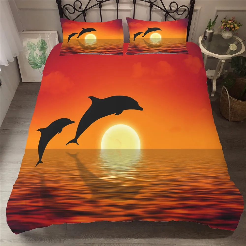 

3d Bed Linen Dolphins under the Sunset Pattern Home Textiles with Pillowcase Duvet Cover Bedroom Clothes King Double Size