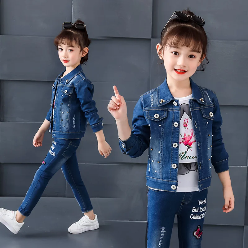 

2019 girls Clothing Set for Spring Baby Girl alphabet butterfly denim suit Long Sleeve Jacket+ pant +shirt 3pcs set DX03311