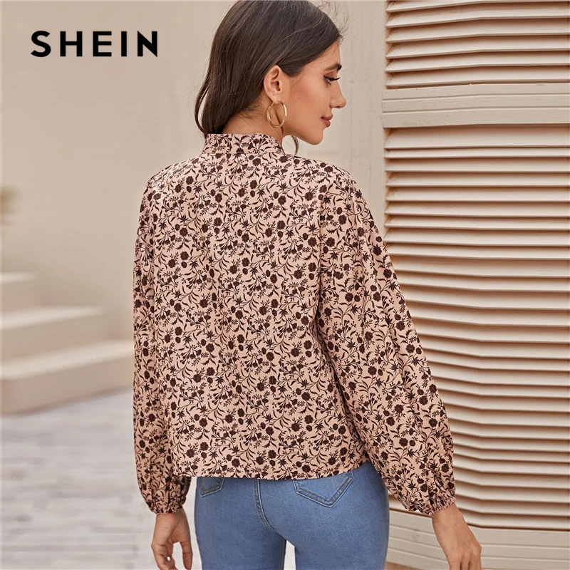  SHEIN Multicolor Mock Neck Ditsy Floral Print Shirt Blouse Women Spring Autumn Button Front Bishop 