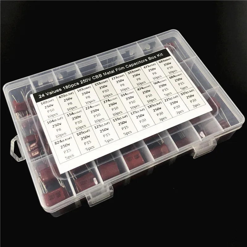 24 values 180pcs 250V 1nF to 3.3uF (102335) CBB metal film capacitors