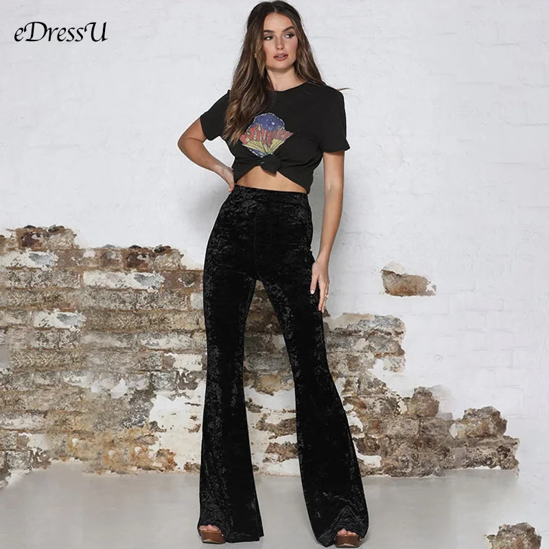 Женские вельветовые широкие брюки черные повседневные расклешенные с высокой