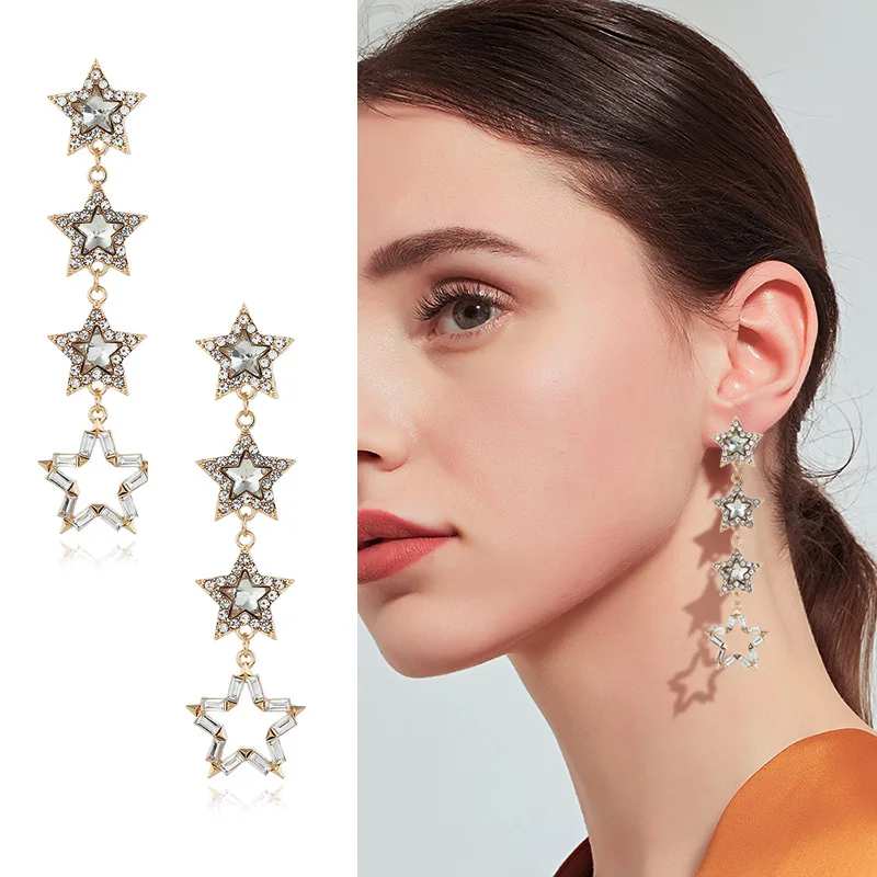 

South Korea east gate personality design feeling metal pentagonal star earring eardrop tassel long style earring woman