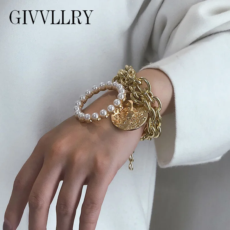 Массивная толстая цепочка, браслеты для женщин и мужчин, ювелирное изделие в стиле панк, креативный, раковое созвездие, Зодиак, тисненый, монета, браслет с жемчужными подвесками