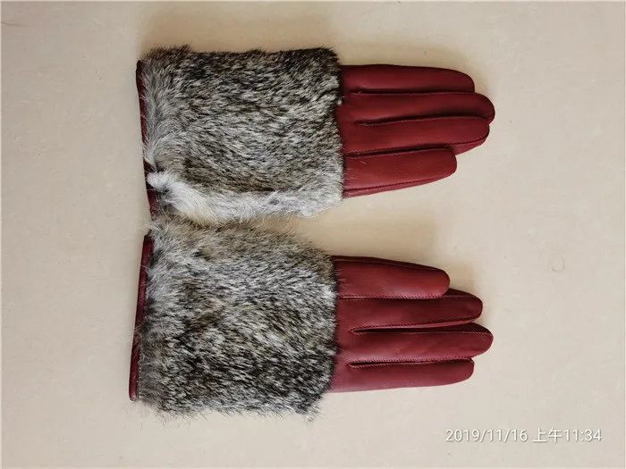 wine red Зимние перчатки натуральный мех кролика натуральная овчина кожаные перчатки для женщин AG-14 - Цвет: wine red