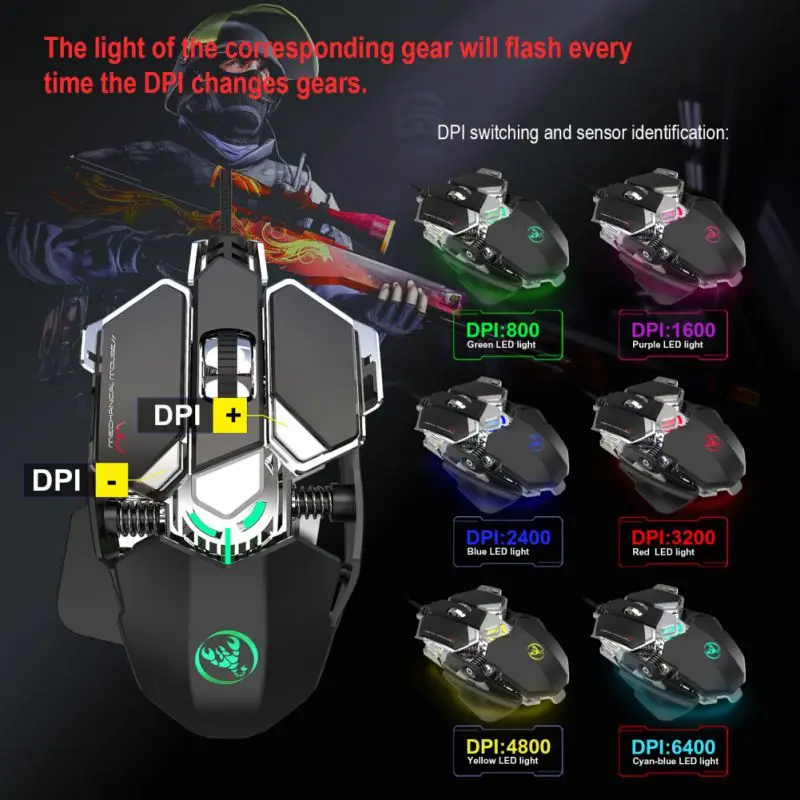 J600 USB игровая мышь 6400 dpi 9 ключ программируемый Макросъемка Красочный светодиодный эргономичный проводной мыши