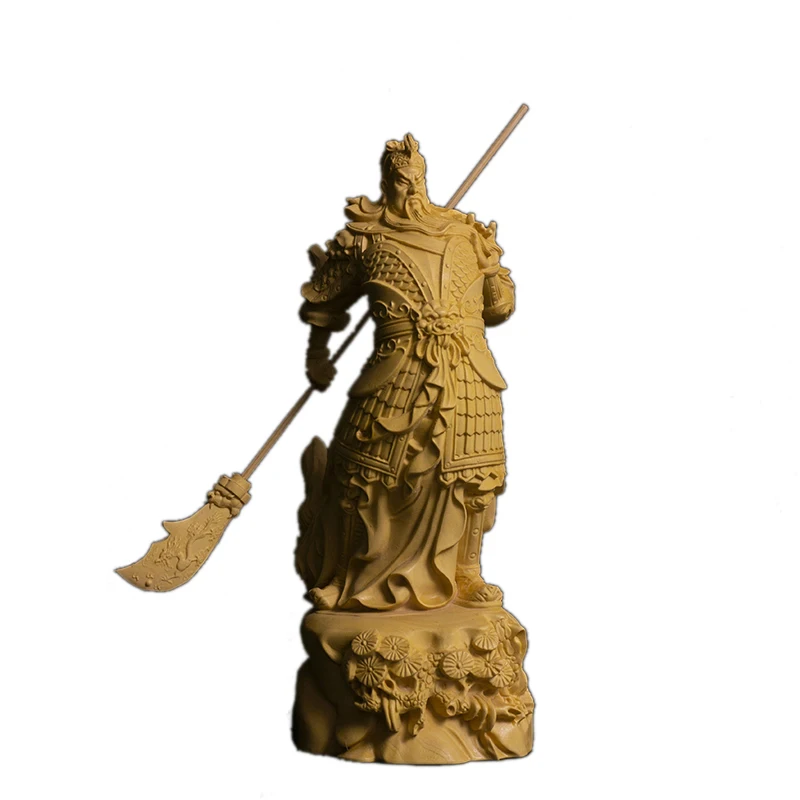 16 см Guan Yu Boxwood Скульптура Фэн Шуй настоящая деревянная статуя Гуань Гун три