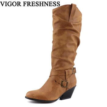 

VIGOR FRESHNESS Boots Winter Women Shoes Mid Calf Boots Autumn Shoes Woman Boots Ladies 5cm Heels Shoes Plus Sizes 47 48 MY381