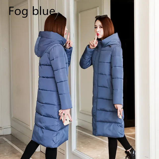 Новинка, зимний женский пуховик, тонкая парка с капюшоном, теплое плотное пальто, плюс размер 4XL, Повседневная Длинная Верхняя одежда, женские зимние куртки - Цвет: Fog blue
