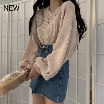 

2020 Women's spring and autumn long-sleeved loose short V-neck T-shirt new versatile slim thin pullover women PL169 t shirt