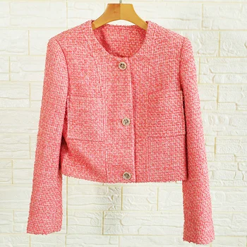 

Runway Women Cropped Tweed Jacket 2020 High Quality Autumn Luxury Round neck Long Sleeve Crop Top Female Woolen Short Coat
