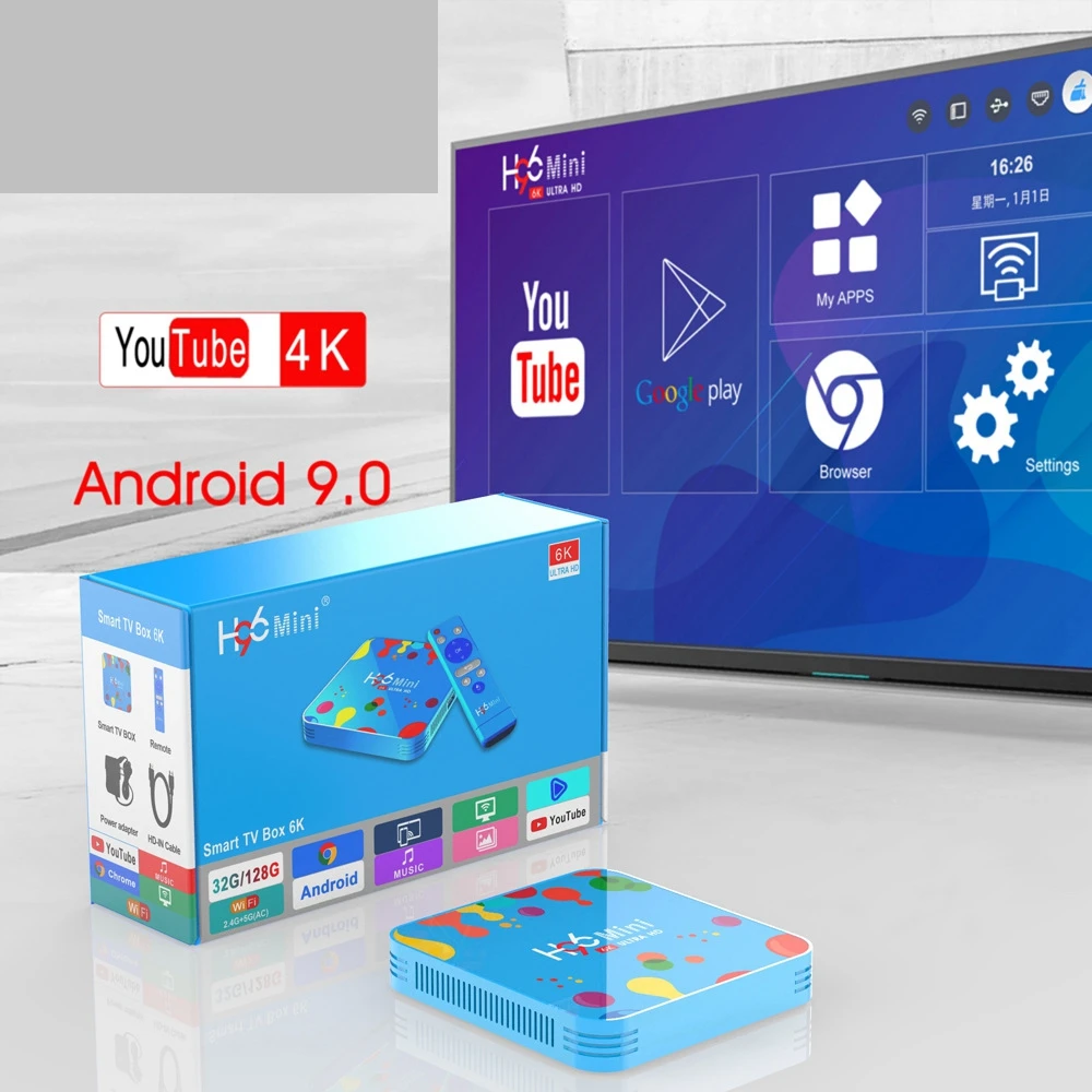 Смарт-приставка Android9.0 ТВ приставка Allwinner H6 четырехъядерный 6K 4GB 128GB H96 mini 2,4G/5G Bluetooth Youtube HD медиаплеер