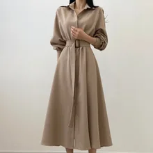 

Women Dresses Korean Chic Early Autumn French Retro Lapel Single-breasted Solid Color Long-sleeved Shirt Dress Long Gentle Soft