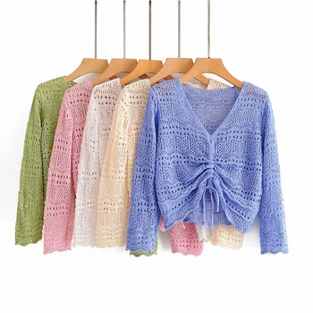 

2020 Summer Women Drawstring Sweater Tops Long Sleeve V-Neck Hollow Out Solid Female Street Fashion knitting Sweaters Clothes
