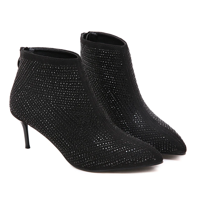 Fall Boots Classic Black Short Boots 6cm Heel Ankle Boots For Women Stiletto Boots Ladies Rhinestone Heels Autumn Office Shoes