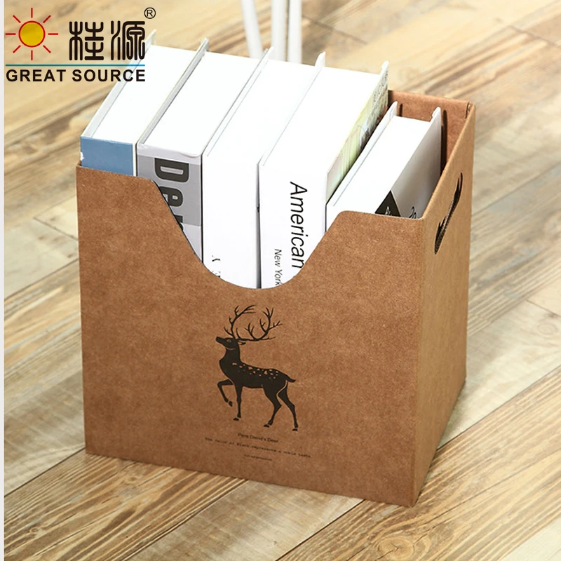 

Foldaway Book Storage Box Printed Corrugrated Bookend Desk Top Organizer Carton W/Handle Kraft Board Storage Box(2PCS)
