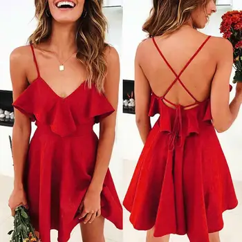 

Summer Women Solid Color Ruffled V Neck Sleeveless Cross Backless Mini Dress