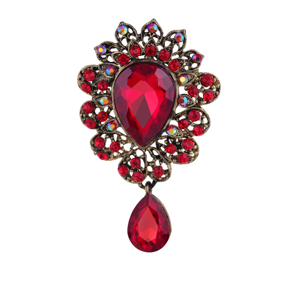 Wedding Bouquet Dangle Teardrop Red Crystal Rhinestone Brooch Pin Broach