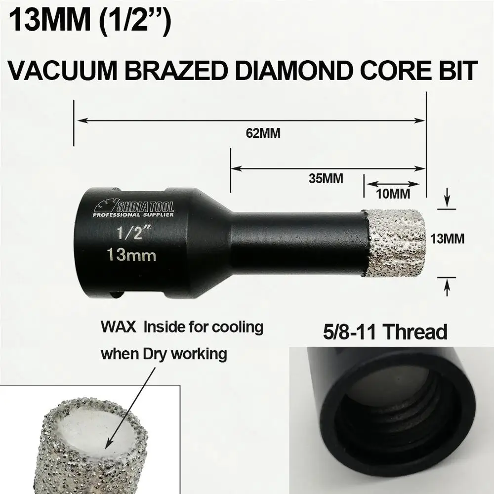2pcs 13mm (1/2") Vacuum brazed diamond Dry drilling bits 5/8-11 connection coated diamond core bits for tile granite marble
