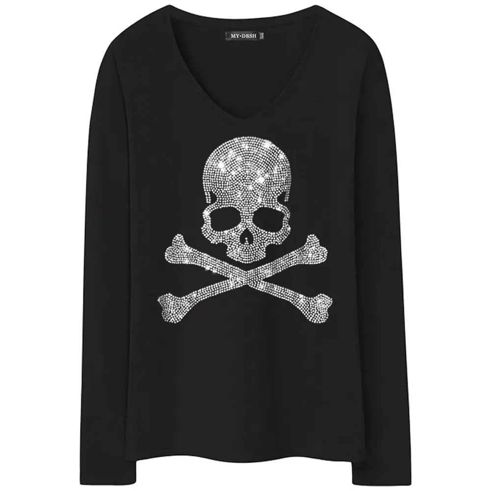 T011-V-Black Новинка, Осенний Топ, женские футболки с черепом, хлопковая тонкая футболка с длинным рукавом, украшенная стразами, Homme, женская модная негабаритная одежда - Цвет: T011-V-Black