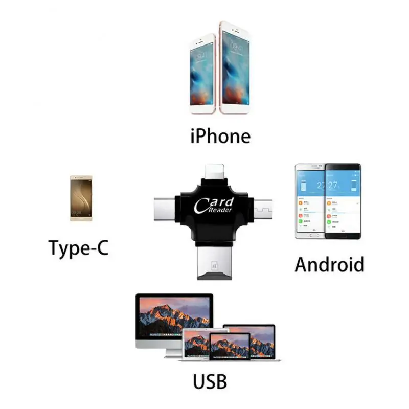 4-в-1 кард-ридер с разноцветными шнурками-кард-ридер для iPhone/Android Micro SD USB(OTG)/Lightning/Тип-C TF USB OTG адаптеры и преобразователи