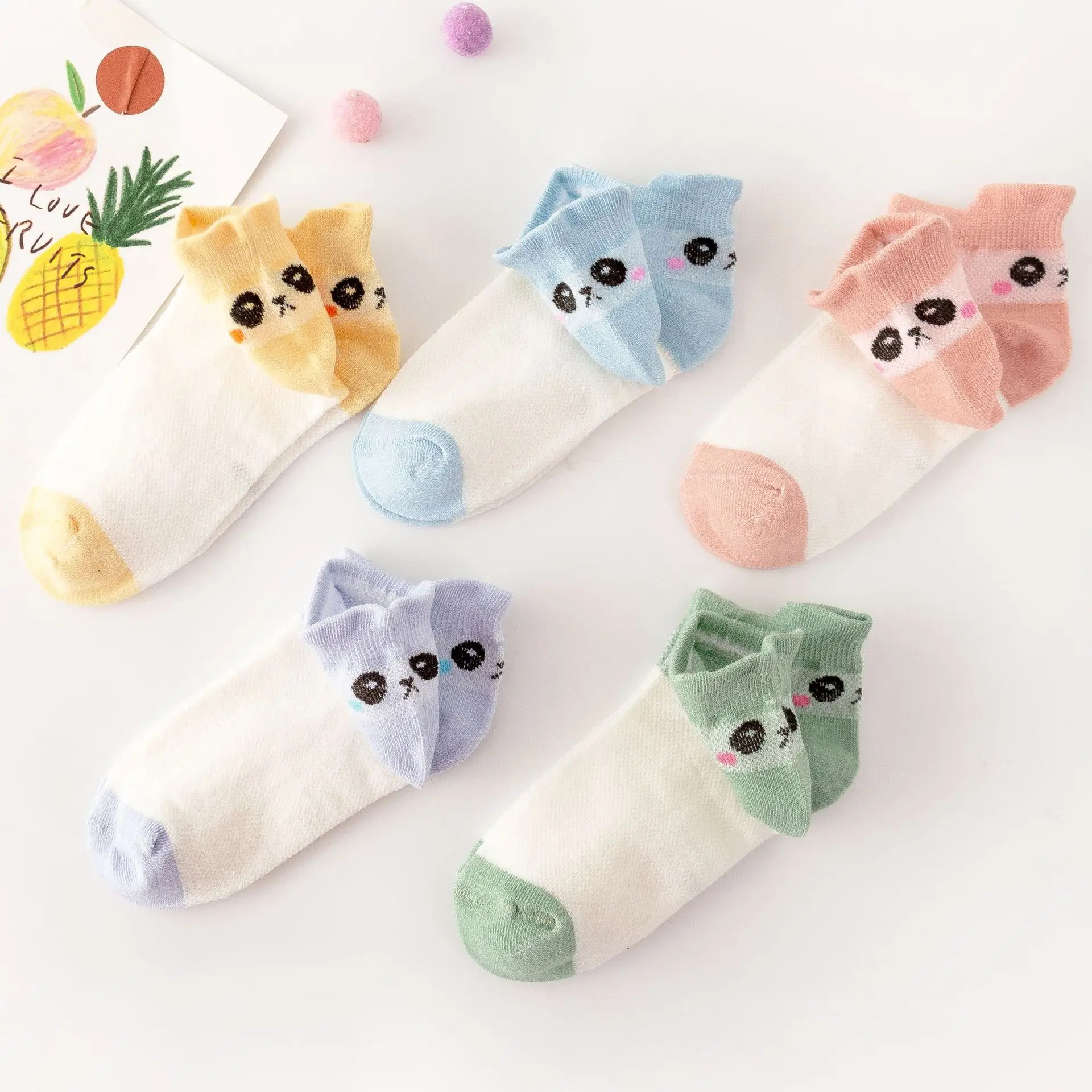 5PC Children's Socks Spring And Summer Cotton Mesh Cartoon Baby Socks Candy-colored Cute Back Embroidered Boat Socks