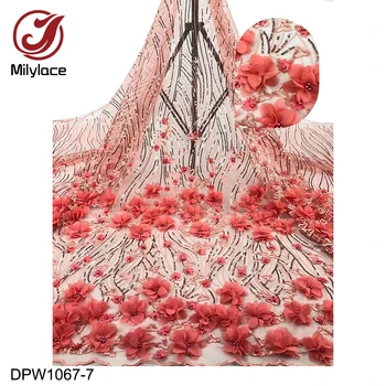 

Milylace 3D flower French lace fabric 5 yards shiny sequins tulle lace fabric with beading appliques for wedding party DPW1067