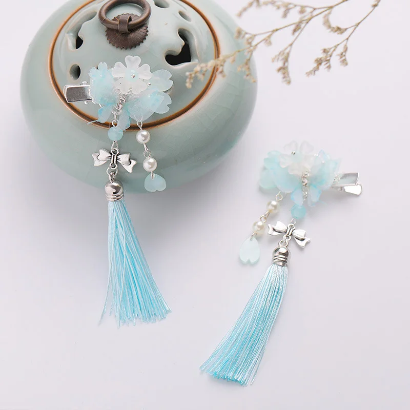 

1 Pair Retro Ancient Chinese Wedding Step Shake Long Tassels Simulated Pearls Flower Hairpins Clips Hairgrips for Women Bride