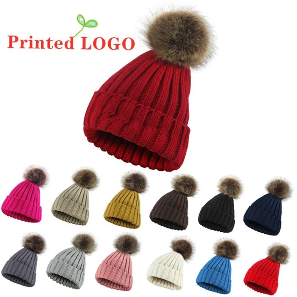 

DIY Winter Beanie Woman Custom Logo Cap New Wool Blended Soft Wool Knitted Hat Cute Warm Hairball Beanie