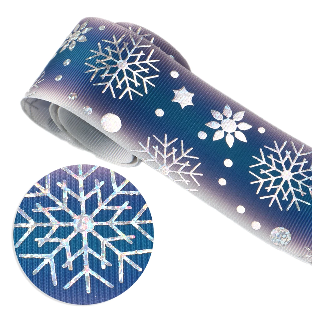 David accessories 38/75mm 50yards/roll Christmas Snow Printed Blue Laser Grosgrain Ribbon DIY Bow Bag Home Decoration,50Yc8265