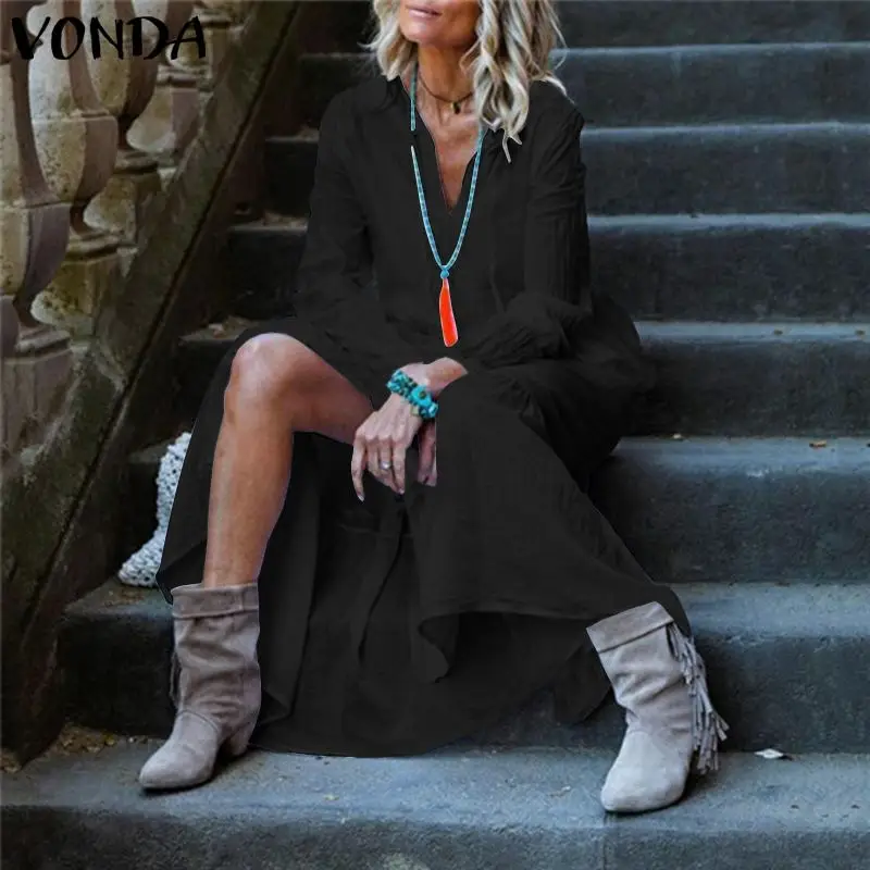 

Maxi Long Dress VONDA 2019 Women Autumn Casual Loose Vintage V Neck Long Sleeve Swing Dress Party Holiday Vestido Plus Size Robe