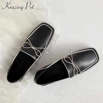 

Krazing pot new handsome full grain leather flat with shoes square toe fashion brand mixed colors bowtie slip on women shoes L93
