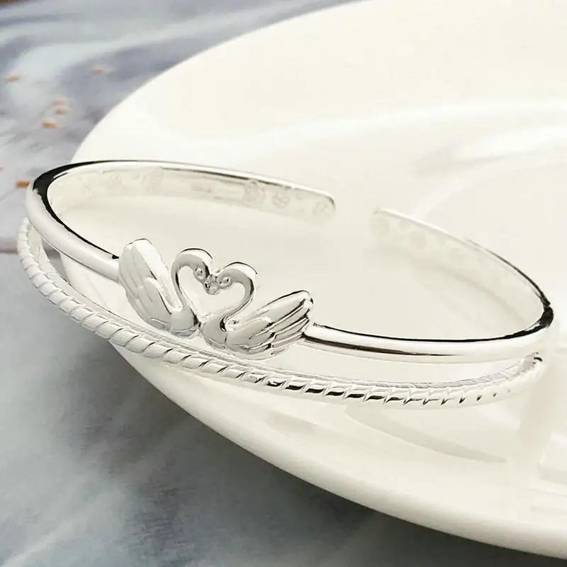

S999 Fine Silver Twin Swan Bracelet Women's Korean-style Silver Bracelet to Send His Girlfriend
