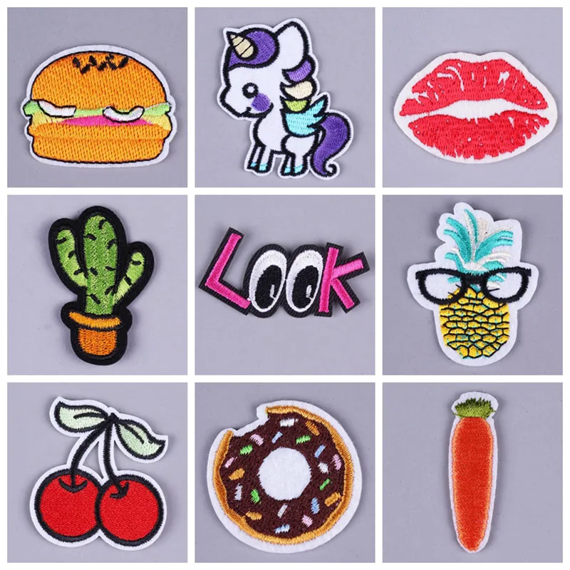 

9 pcs Fruit cactus Patch Iron on Badge Patches Embroidered Applique Sewing Patch Clothes Stickers Eyes lips patches wholesale H
