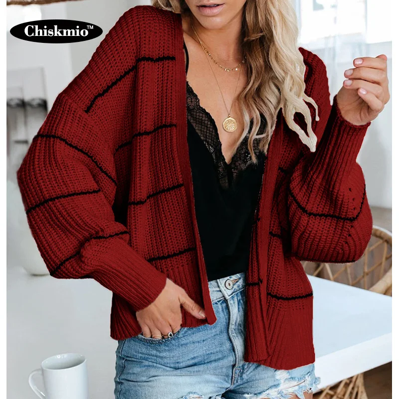 Женский кардиган в полоску Chiskmio Свободный Вязаный Кардиган с длинным рукавом и v